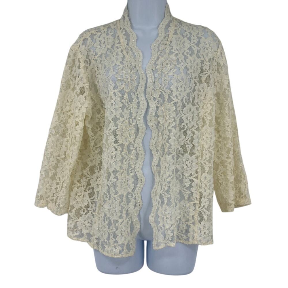 Vtg 90s Laura Ashley Lace Pearl Womens Cardigan 16 Romantic Cottagecore Bridal - Picture 2 of 10